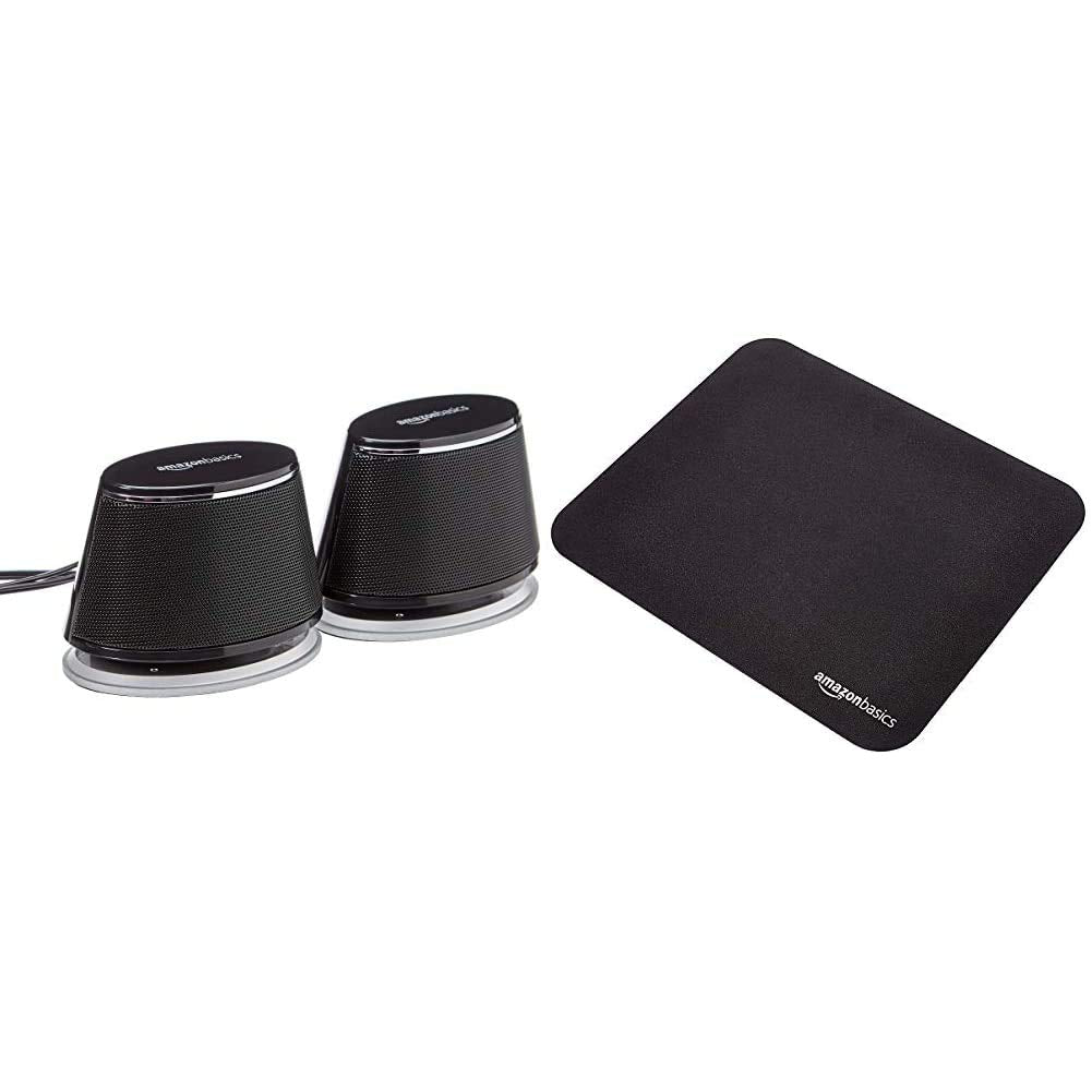 Amazon Basics - PC-Lautsprecher mit dynamischem Sound, USB-Betrieb, Schwarz, 1 Paar & Gaming-Mauspad
