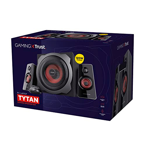 Trust Gaming GXT 38 2.1 Gaming Lautsprechersystem mit Subwoofer (für Smartphone/PC- Tablet, 120 Watt), 19023, Schwarz/Rot