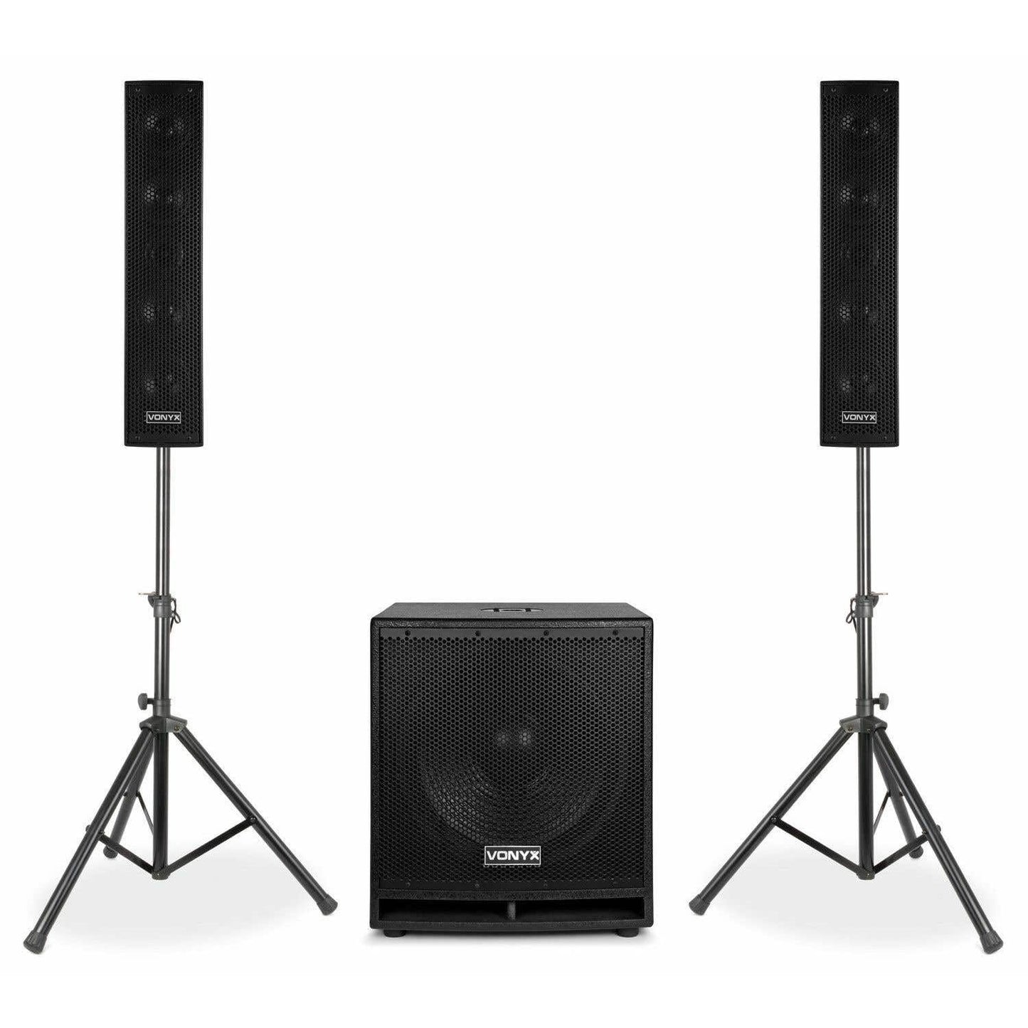 Vonyx VX880BT - Mobile PA Anlage Komplettset 2.1, Aktive Lautsprecher Boxen, 800 Watt DJ Boxen Set mit Stativen, MIC, Bluetooth, USB, SD, MP3 - PA Lautsprecher Aktiv Boxen, Musik Anlage - Schwarz