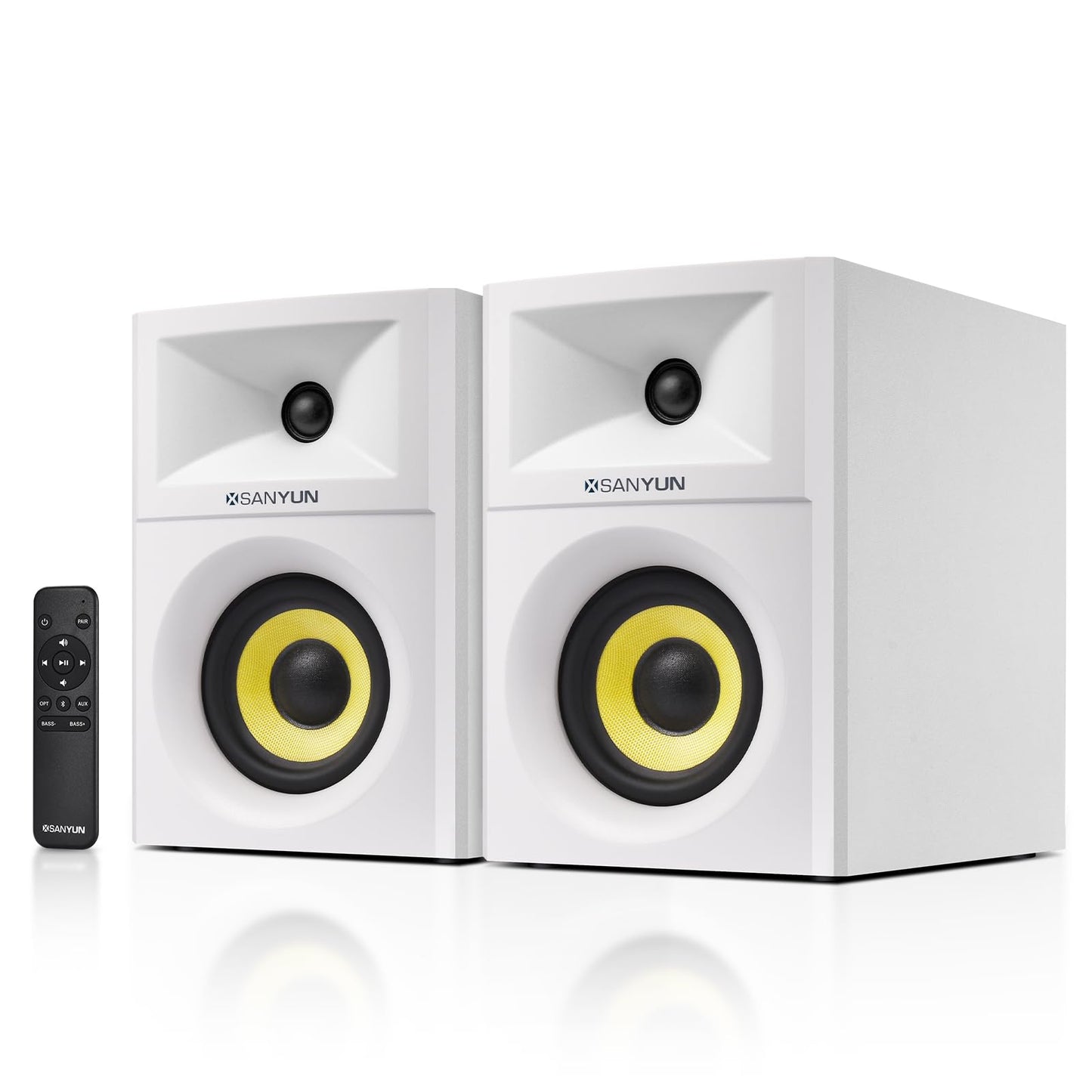 Sanyun SW205 80W 4” Aktive Bücherregal-Lautsprecher mit Holzgehäuse Innovative Außendesigns und fortschrittliche DSP-Chips – Optischer 3,5mm-Aux Bluetooth-5.4-Eingang – Fernbedienung (Paar, Weiß)