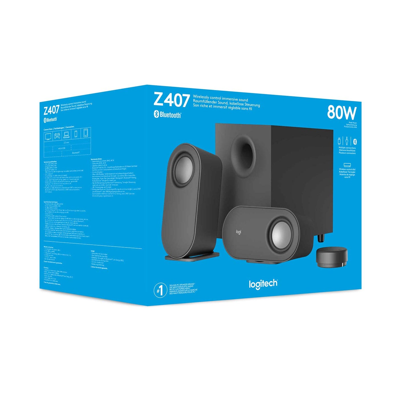 Logitech Z407 Bluetooth-Computerlautsprecher mit Subwoofer und kabelloser Steuerung, raumfüllendem Sound, Premium-Audio mit mehreren Eingängen, USB-Lautsprechern - Graphit