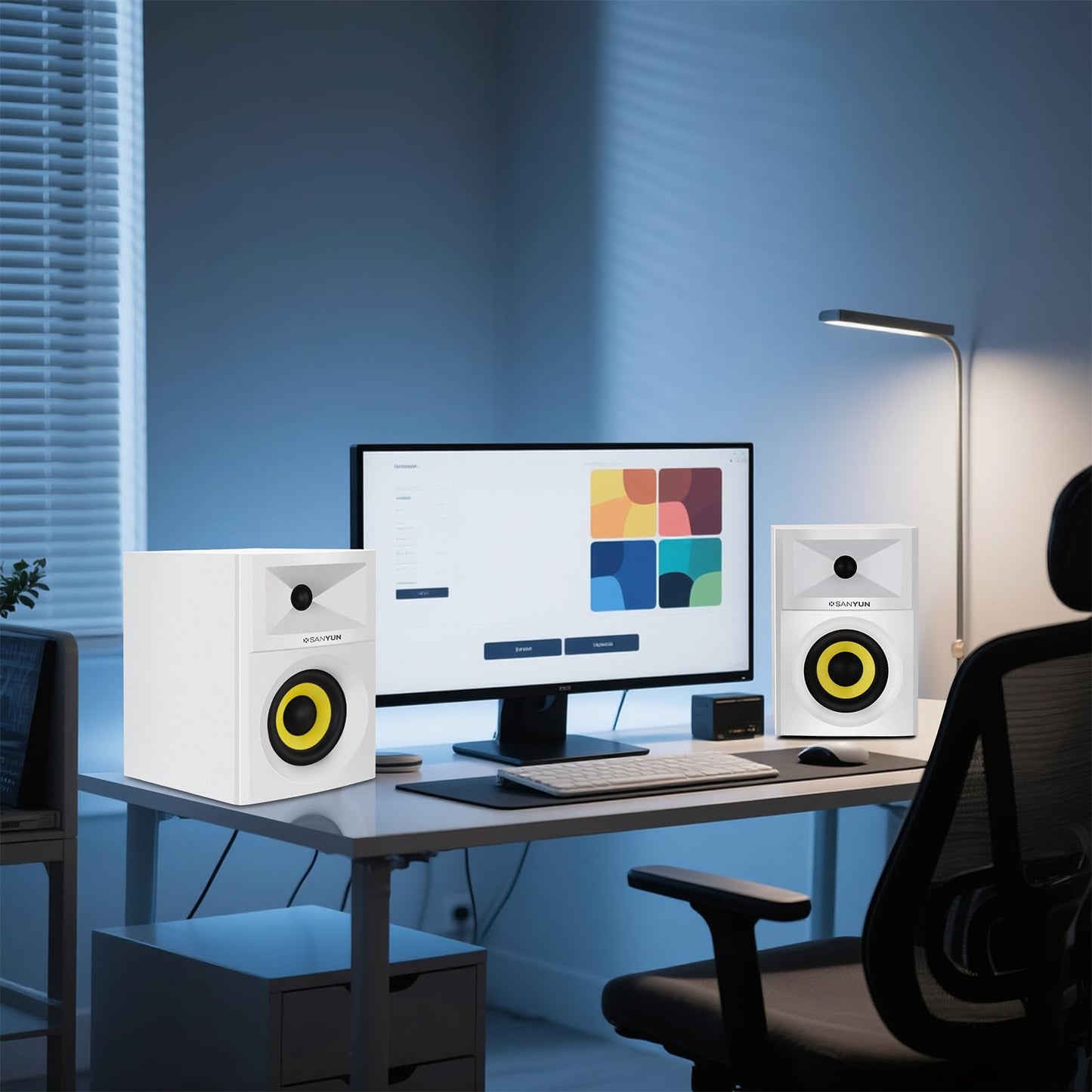 Sanyun SW205 80W 4” Aktive Bücherregal-Lautsprecher mit Holzgehäuse Innovative Außendesigns und fortschrittliche DSP-Chips – Optischer 3,5mm-Aux Bluetooth-5.4-Eingang – Fernbedienung (Paar, Weiß)