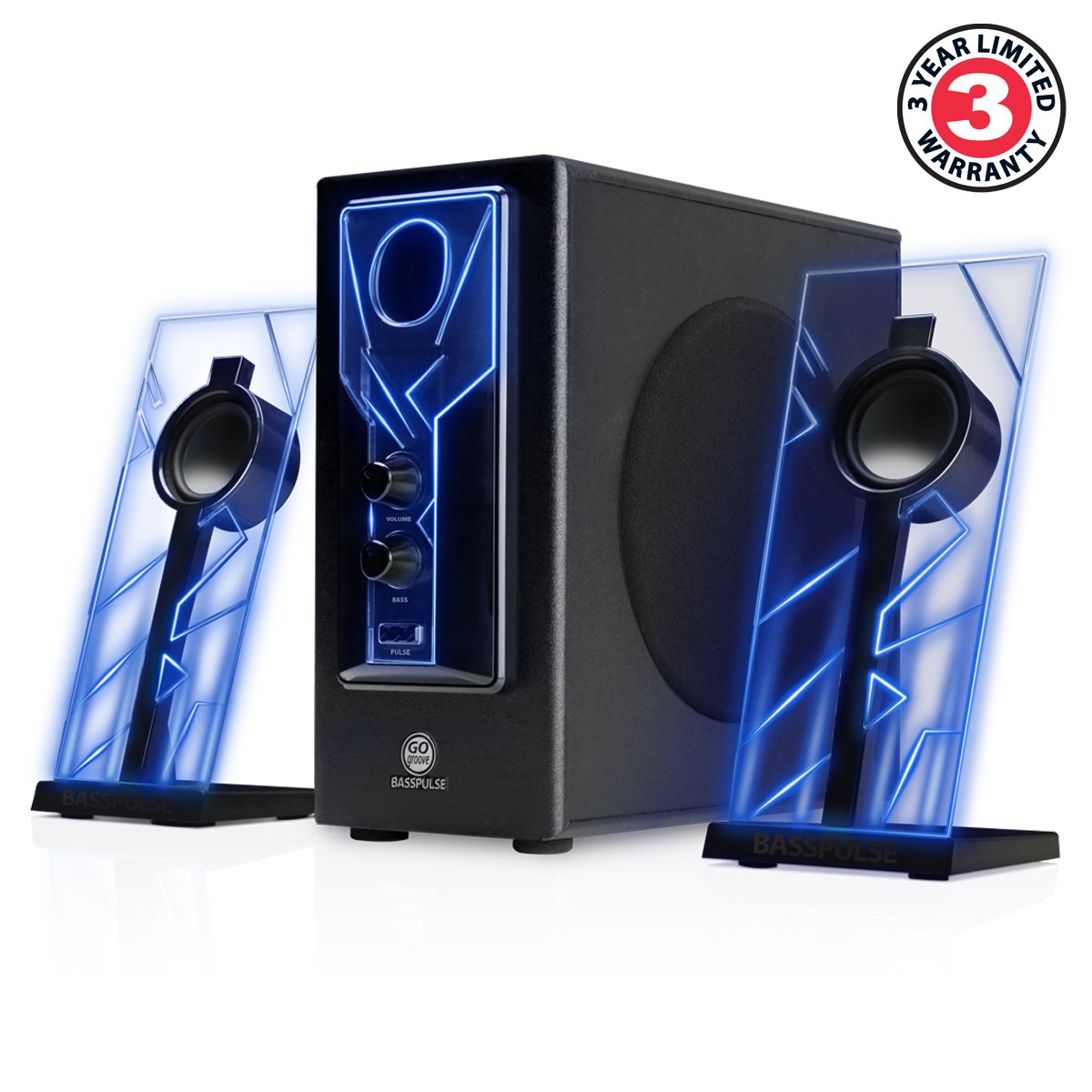 GOgroove 2.1 Soundsystem Computer Lautsprecher PC mit LED Effekt Desktop PC Lautsprecher 2.1 Anlage mit Subwoofer und blauen LED Highlights, Perfekt Geeignet für Stereo Gaming an Ihrem Computer - Blau