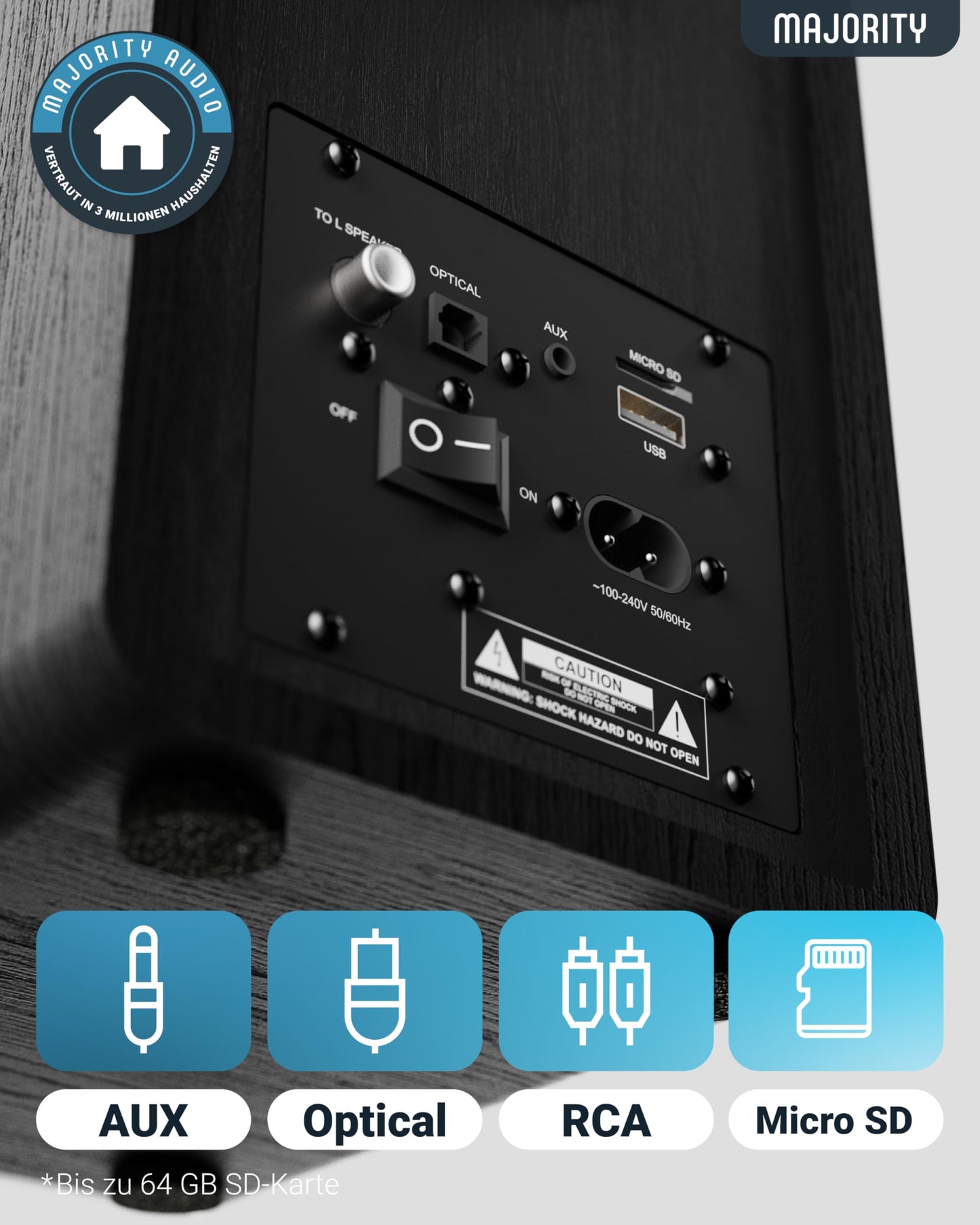 MAJORITY D40X Aktiv Regallautsprecher | 70W 2.0 Gelber Kevlar-Kegel Monitor Lautsprecher | Studio Monitor mit Bluetooth | Bookshelf HiFi Speakers mit Optische, RCA, USB AUX & Inklusive Fernbedienung