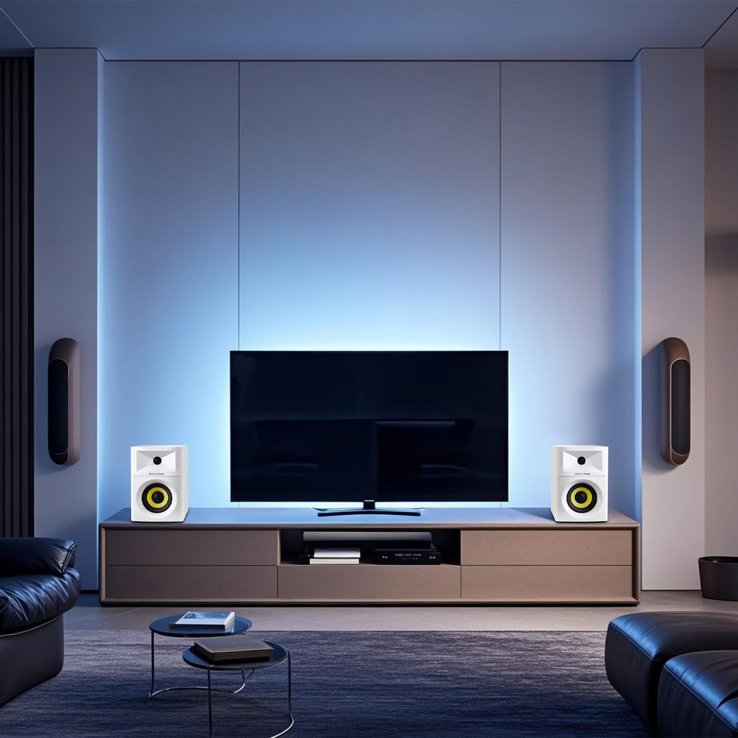 Sanyun SW205 80W 4” Aktive Bücherregal-Lautsprecher mit Holzgehäuse Innovative Außendesigns und fortschrittliche DSP-Chips – Optischer 3,5mm-Aux Bluetooth-5.4-Eingang – Fernbedienung (Paar, Weiß)