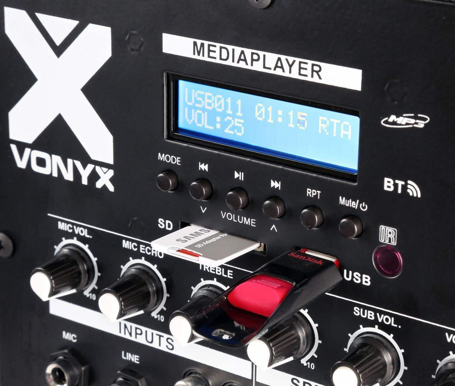 Vonyx VX880BT - Mobile PA Anlage Komplettset 2.1, Aktive Lautsprecher Boxen, 800 Watt DJ Boxen Set mit Stativen, MIC, Bluetooth, USB, SD, MP3 - PA Lautsprecher Aktiv Boxen, Musik Anlage - Schwarz
