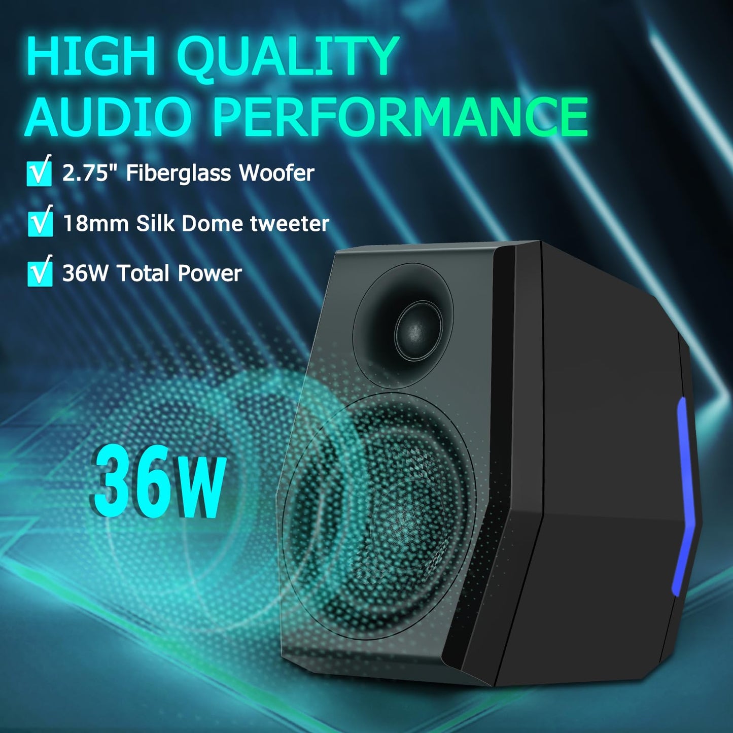 Sanyun SW209 36W 2.0 Computer Gaming PC Multimedia Lautsprecher, Mehrfacher EQ-Sound-Modus, Bluetooth 5.0 USB 3.5mm Aux Eingänge, RGB-Leuchten, für Laptop Desktop Monitor (Paar, Schwarz)