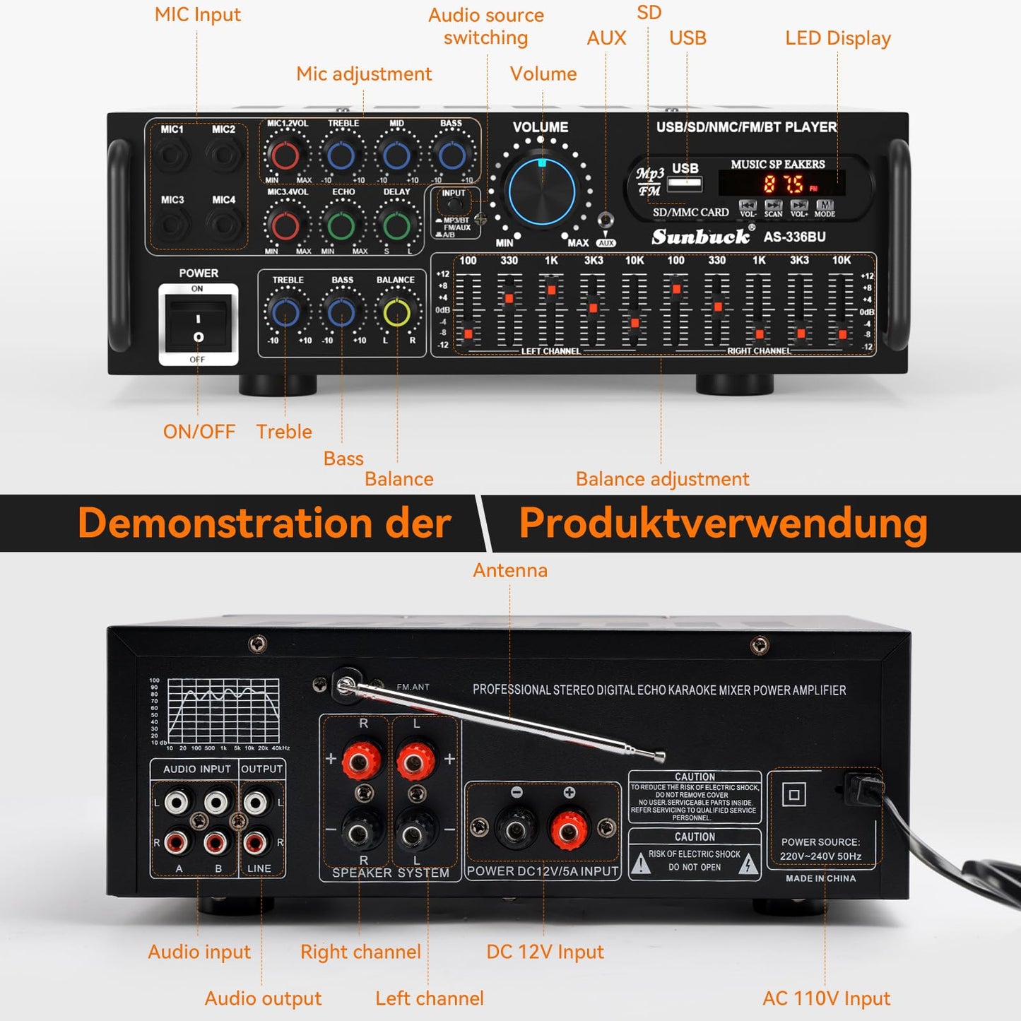 Areyourshop Hifi VerstÀrker Stereo pa endstufe mit Bluetooth 5.0 2000W Audio Receiver Karaoke FM USB SD AUX, VorverstÀrker Hifi 5-Band-EQ-Mixer, 4 Mikr, VerstÀrker mit Boxen, Tuner Hifi Stereo