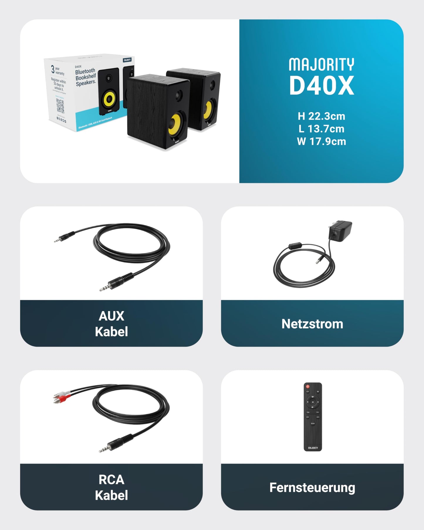 MAJORITY D40X Aktiv Regallautsprecher | 70W 2.0 Gelber Kevlar-Kegel Monitor Lautsprecher | Studio Monitor mit Bluetooth | Bookshelf HiFi Speakers mit Optische, RCA, USB AUX & Inklusive Fernbedienung