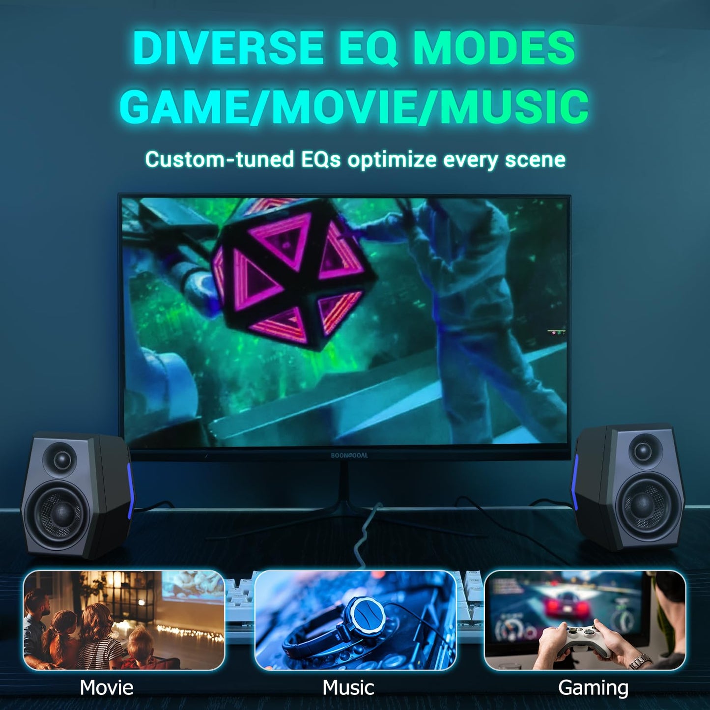 Sanyun SW209 36W 2.0 Computer Gaming PC Multimedia Lautsprecher, Mehrfacher EQ-Sound-Modus, Bluetooth 5.0 USB 3.5mm Aux Eingänge, RGB-Leuchten, für Laptop Desktop Monitor (Paar, Schwarz)