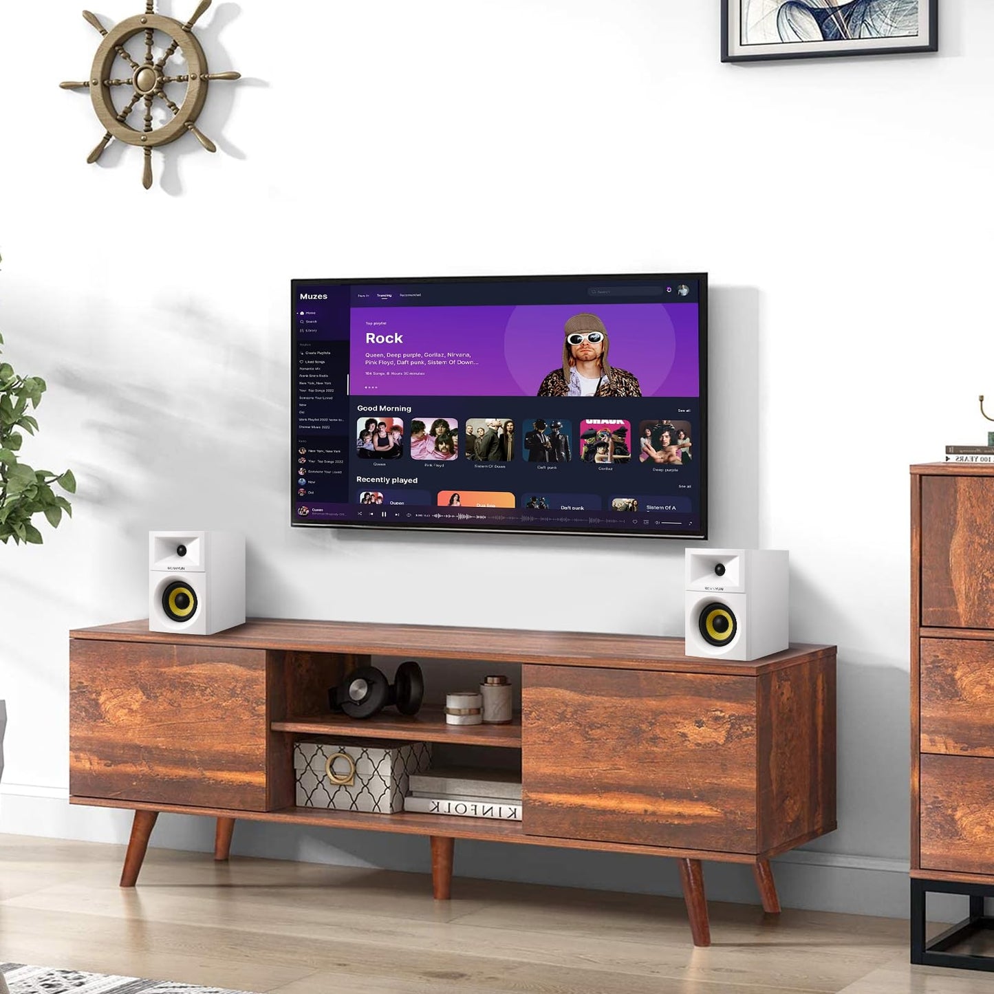 Sanyun SW205 80W 4” Aktive Bücherregal-Lautsprecher mit Holzgehäuse Innovative Außendesigns und fortschrittliche DSP-Chips – Optischer 3,5mm-Aux Bluetooth-5.4-Eingang – Fernbedienung (Paar, Weiß)