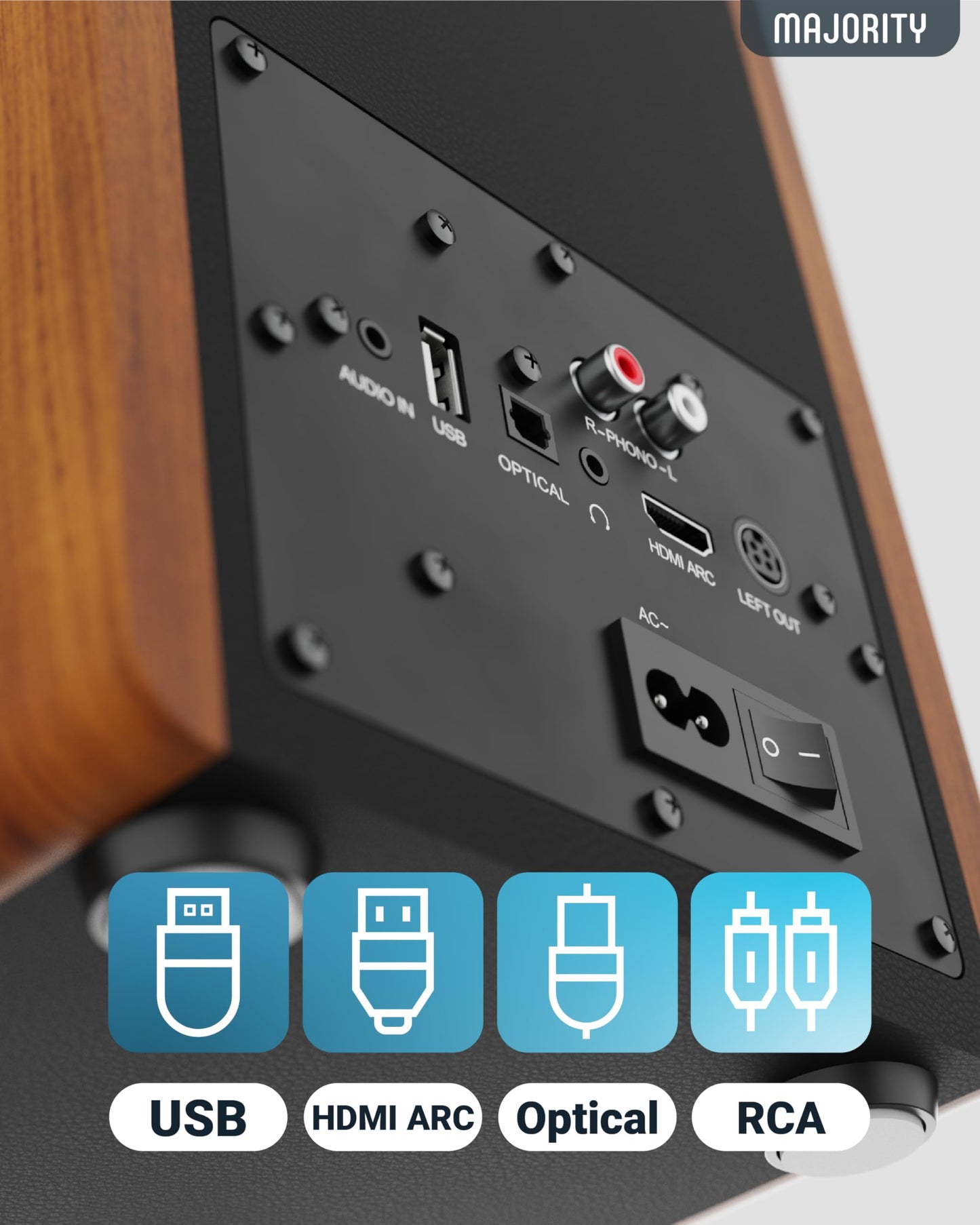 MAJORITY D100 Bluetooth Lautsprecher Boxen für Stereoanlage | 100W Regallautsprecher | Xtra BASS Aktivlautsprecher | HDMI ARC Speaker | Premium-Holz Regal-Lautsprecher | Studio HiFi Lautsprecher
