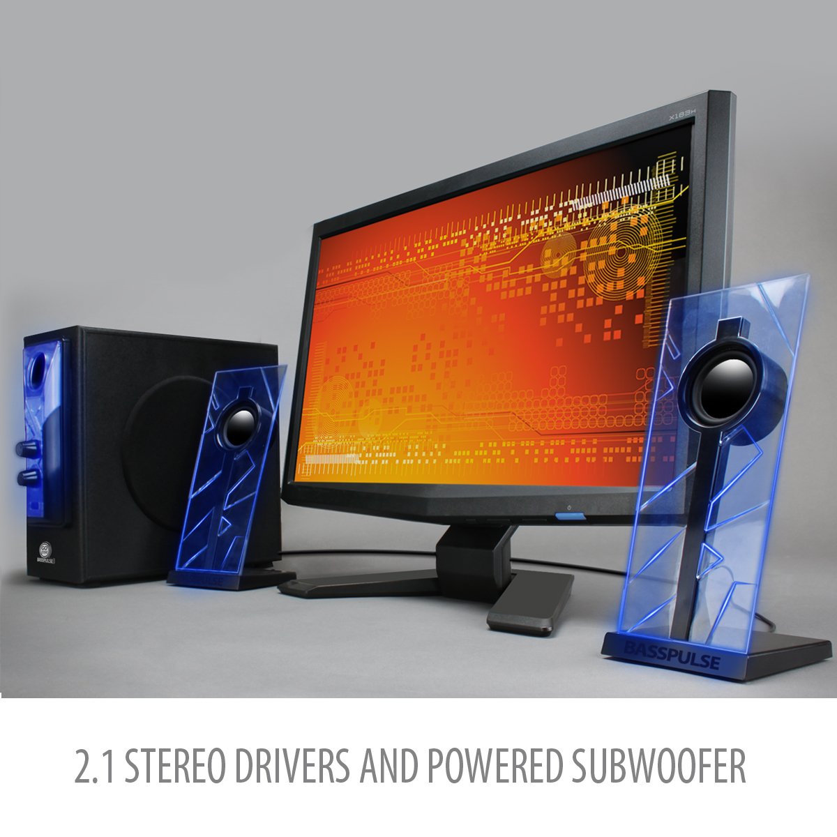 GOgroove 2.1 Soundsystem Computer Lautsprecher PC mit LED Effekt Desktop PC Lautsprecher 2.1 Anlage mit Subwoofer und blauen LED Highlights, Perfekt Geeignet für Stereo Gaming an Ihrem Computer - Blau