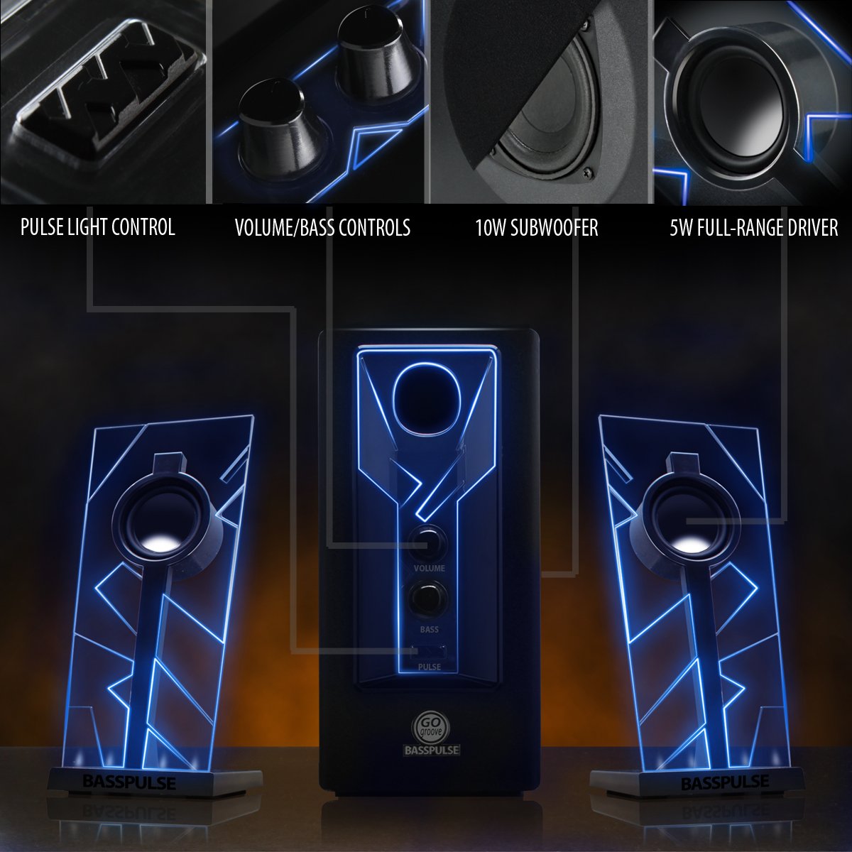 GOgroove 2.1 Soundsystem Computer Lautsprecher PC mit LED Effekt Desktop PC Lautsprecher 2.1 Anlage mit Subwoofer und blauen LED Highlights, Perfekt Geeignet für Stereo Gaming an Ihrem Computer - Blau