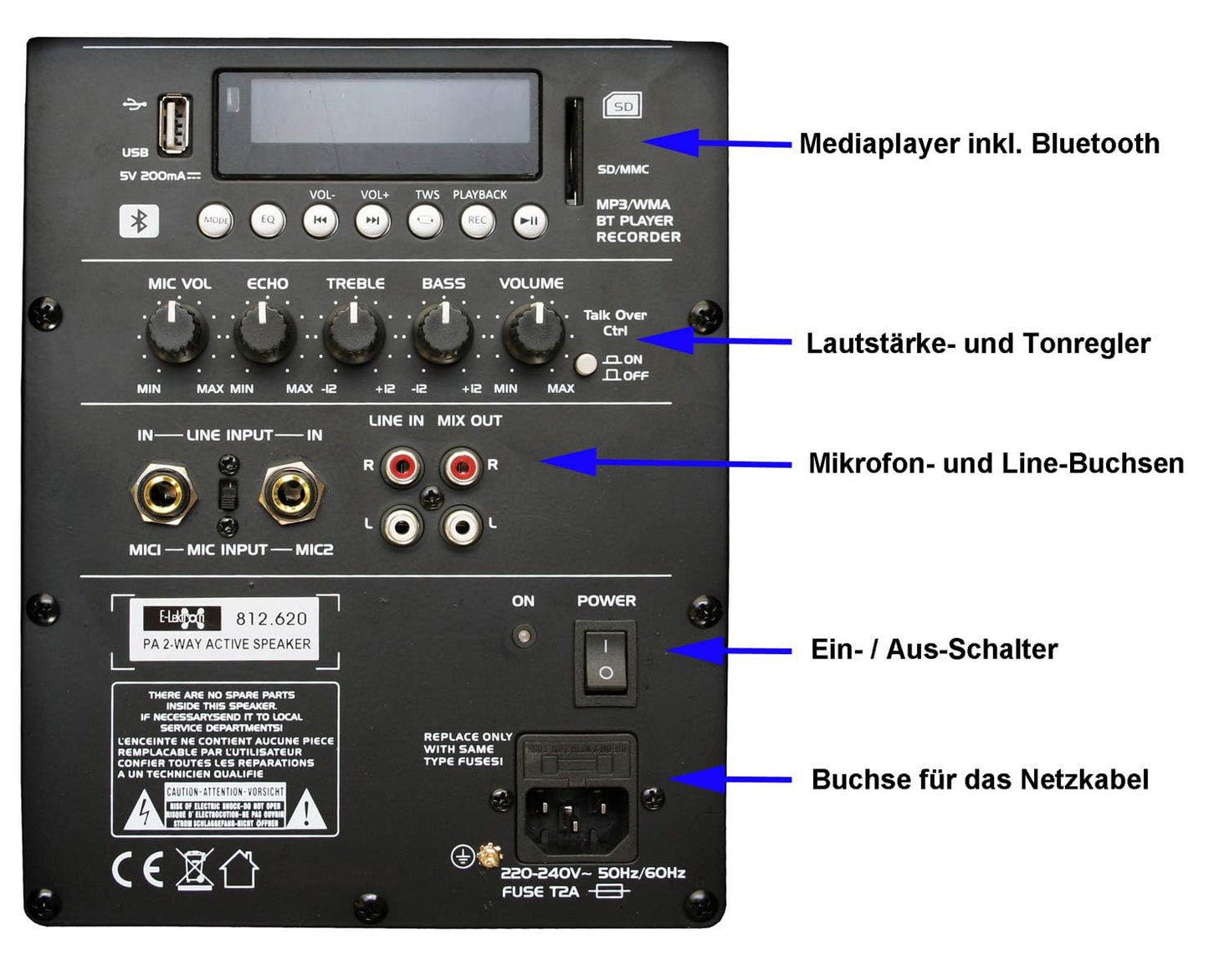 E-Lektron aktives PA Lautsprecher-System Soundanlage mit Media-Player, Bluetooth, integrierte Class-D Endstufe JAD30-B 400W