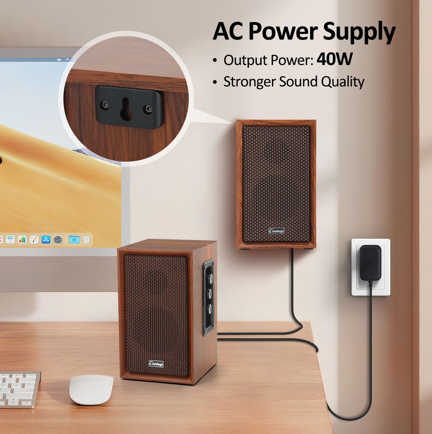 cinnkeyi 2.0 PC-Lautsprecher 40W aus Holz – Kräftiger Bass, Hi-Fi Stereo Sound, USB/Bluetooth, DSP Audio, Desktop Lautsprecher für Laptop & Computer (5201-EU)