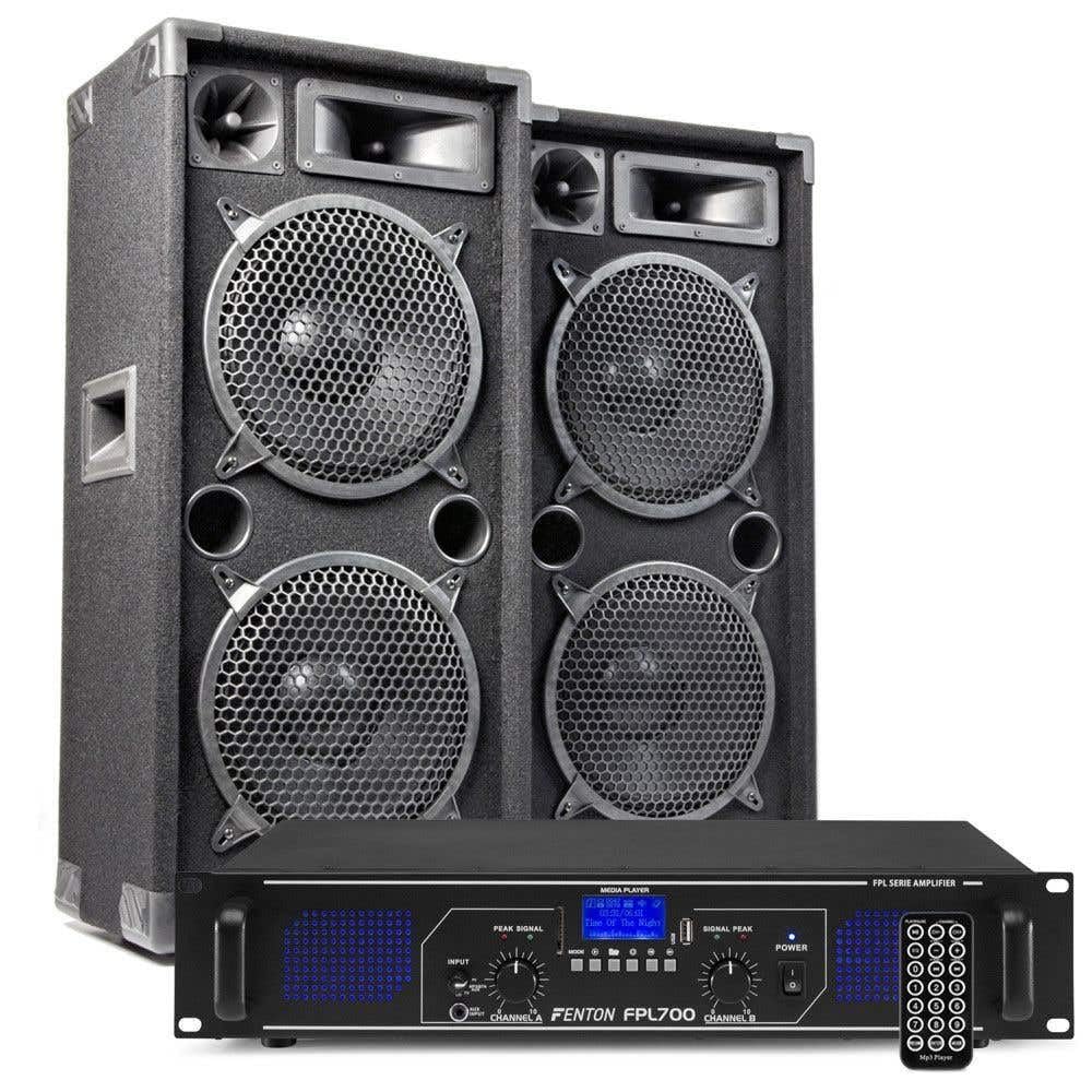 MAX210 PA Anlage Set – 2000W Bluetooth Verstärker & 2x DJ Lautsprecher, USB/SD, Fernbedienung, Plug & Play Musikanlage