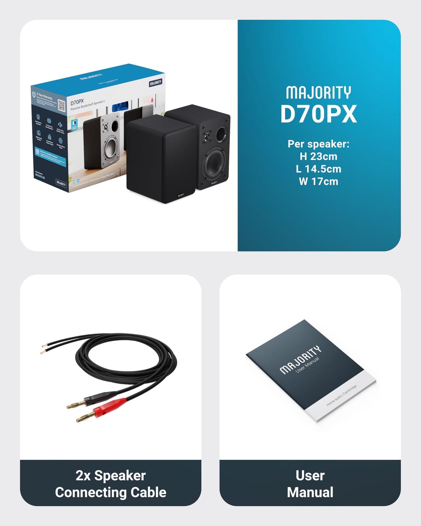 MAJORITY D70X Lautsprecher Boxen | 2 x 30W Regallautsprecher Passiv | HiFi Lautsprecher Doppeltreibern Lautsprechermembranen aus Kohlefaser | DJ Boxen 6ฮฉ Impedanz & 40HZ-20KHZ Frequenzgang (Schwarz)