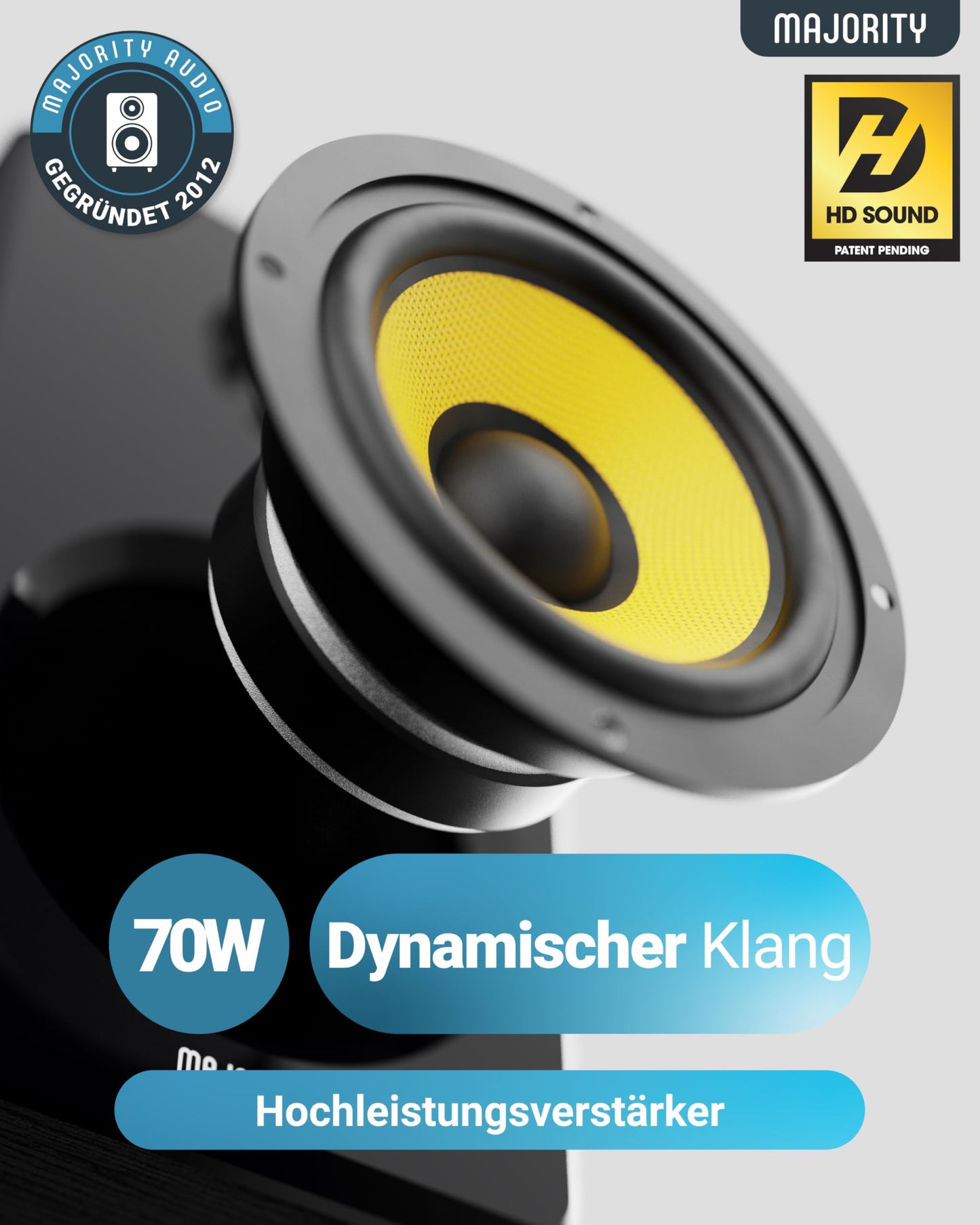 MAJORITY D40X Aktiv Regallautsprecher | 70W 2.0 Gelber Kevlar-Kegel Monitor Lautsprecher | Studio Monitor mit Bluetooth | Bookshelf HiFi Speakers mit Optische, RCA, USB AUX & Inklusive Fernbedienung