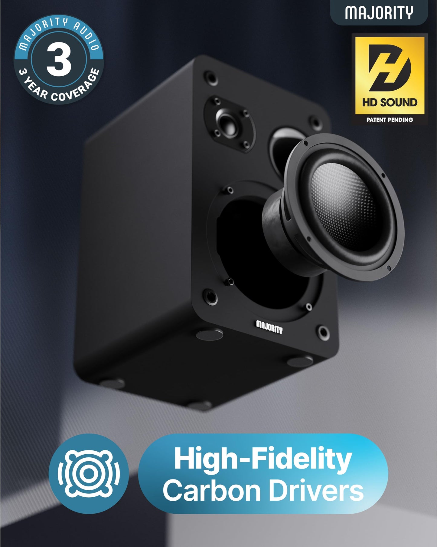 MAJORITY D70X Lautsprecher Boxen | 2 x 30W Regallautsprecher Passiv | HiFi Lautsprecher Doppeltreibern Lautsprechermembranen aus Kohlefaser | DJ Boxen 6ฮฉ Impedanz & 40HZ-20KHZ Frequenzgang (Schwarz)