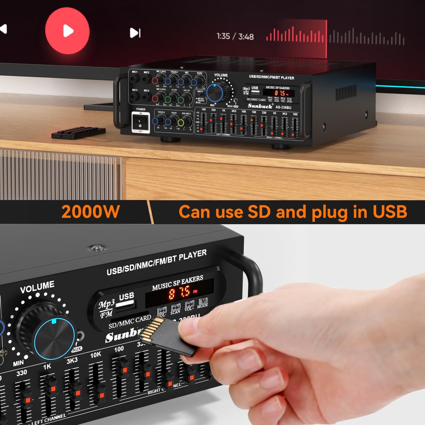 Areyourshop Hifi VerstÀrker Stereo pa endstufe mit Bluetooth 5.0 2000W Audio Receiver Karaoke FM USB SD AUX, VorverstÀrker Hifi 5-Band-EQ-Mixer, 4 Mikr, VerstÀrker mit Boxen, Tuner Hifi Stereo