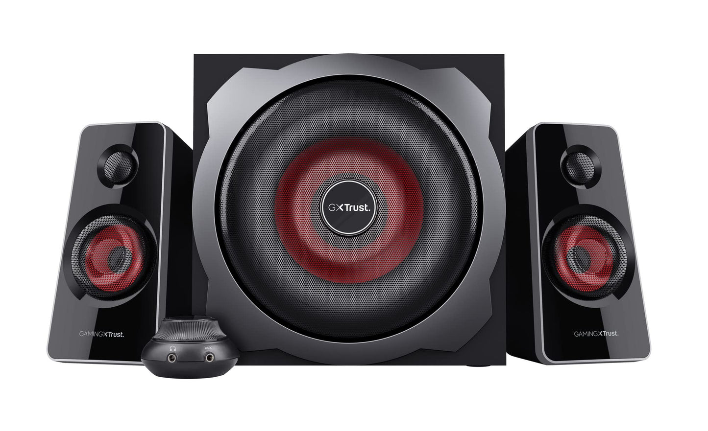 Trust Gaming GXT 38 2.1 Gaming Lautsprechersystem mit Subwoofer (für Smartphone/PC- Tablet, 120 Watt), 19023, Schwarz/Rot