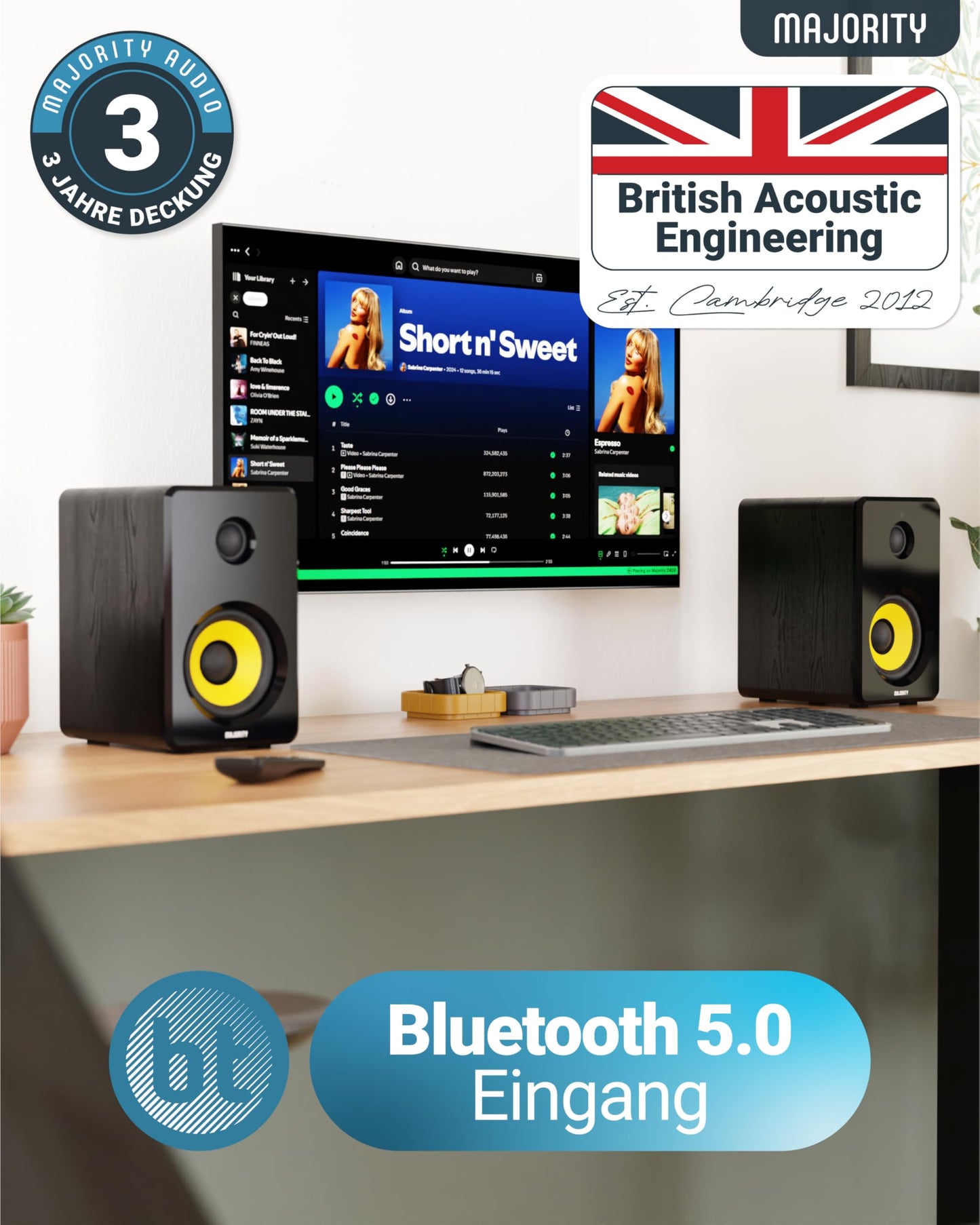 MAJORITY D40X Aktiv Regallautsprecher | 70W 2.0 Gelber Kevlar-Kegel Monitor Lautsprecher | Studio Monitor mit Bluetooth | Bookshelf HiFi Speakers mit Optische, RCA, USB AUX & Inklusive Fernbedienung