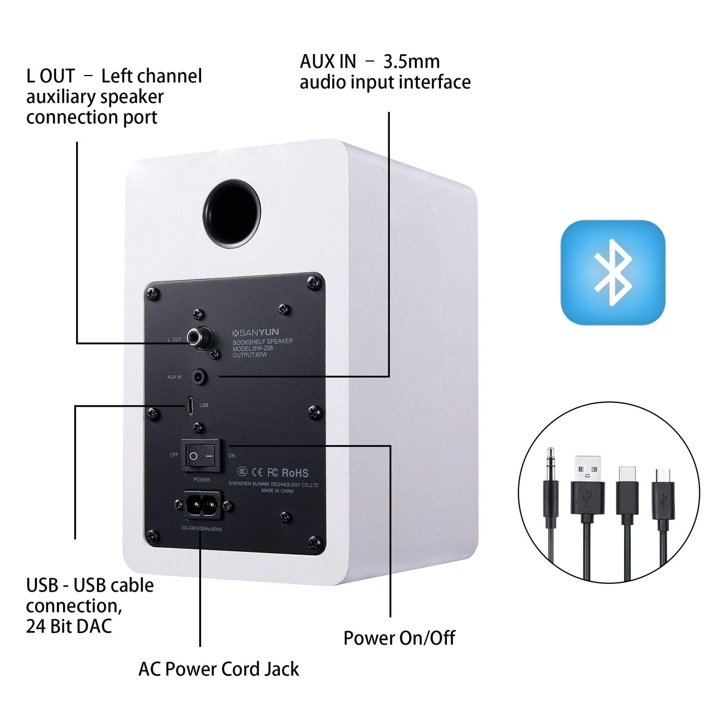 Sanyun SW208 3" Aktive Bluetooth 5.0 Regallautsprecher - 60W-Kohlefaser-Lautsprechereinheit - eingebauter 24-Bit-DAC - dynamischer 3D-Surroundsound – 2.0 Computer-PC-Monitor (Paar, weiß)