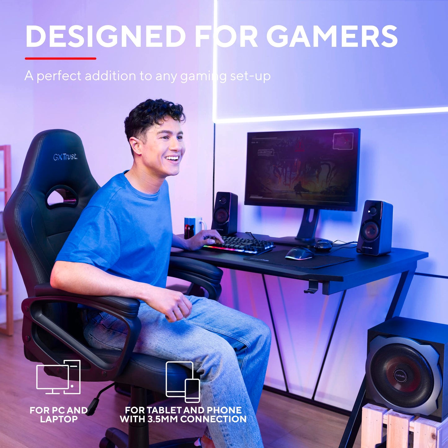 Trust Gaming GXT 38 2.1 Gaming Lautsprechersystem mit Subwoofer (für Smartphone/PC- Tablet, 120 Watt), 19023, Schwarz/Rot