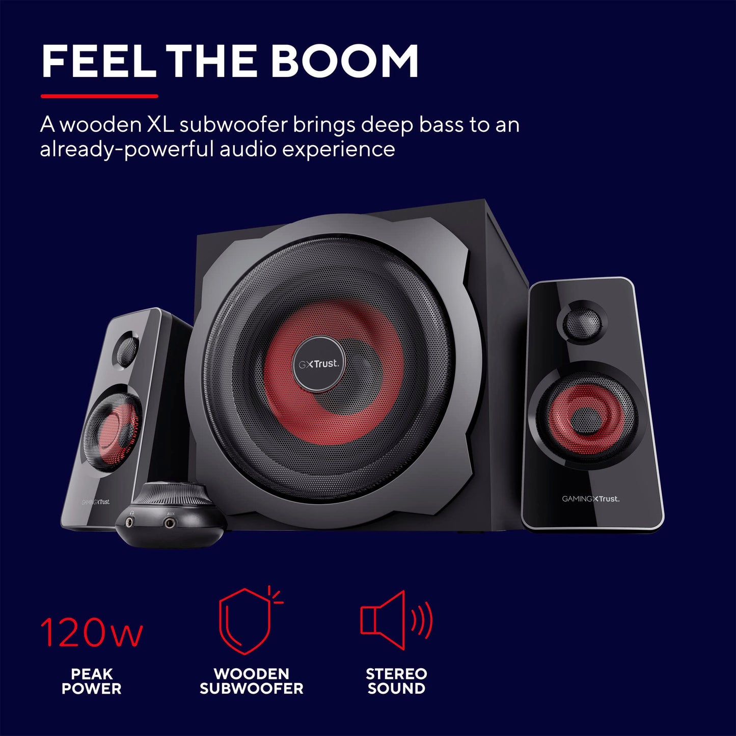 Trust Gaming GXT 38 2.1 Gaming Lautsprechersystem mit Subwoofer (für Smartphone/PC- Tablet, 120 Watt), 19023, Schwarz/Rot