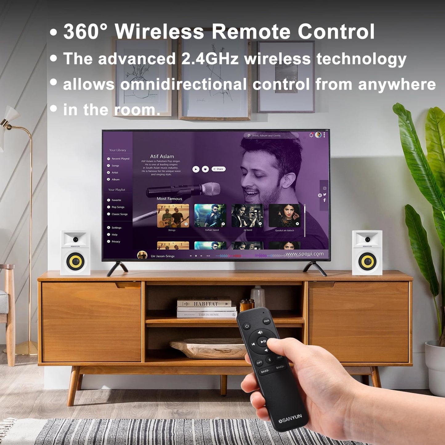 Sanyun SW205 80W 4” Aktive Bücherregal-Lautsprecher mit Holzgehäuse Innovative Außendesigns und fortschrittliche DSP-Chips – Optischer 3,5mm-Aux Bluetooth-5.4-Eingang – Fernbedienung (Paar, Weiß)