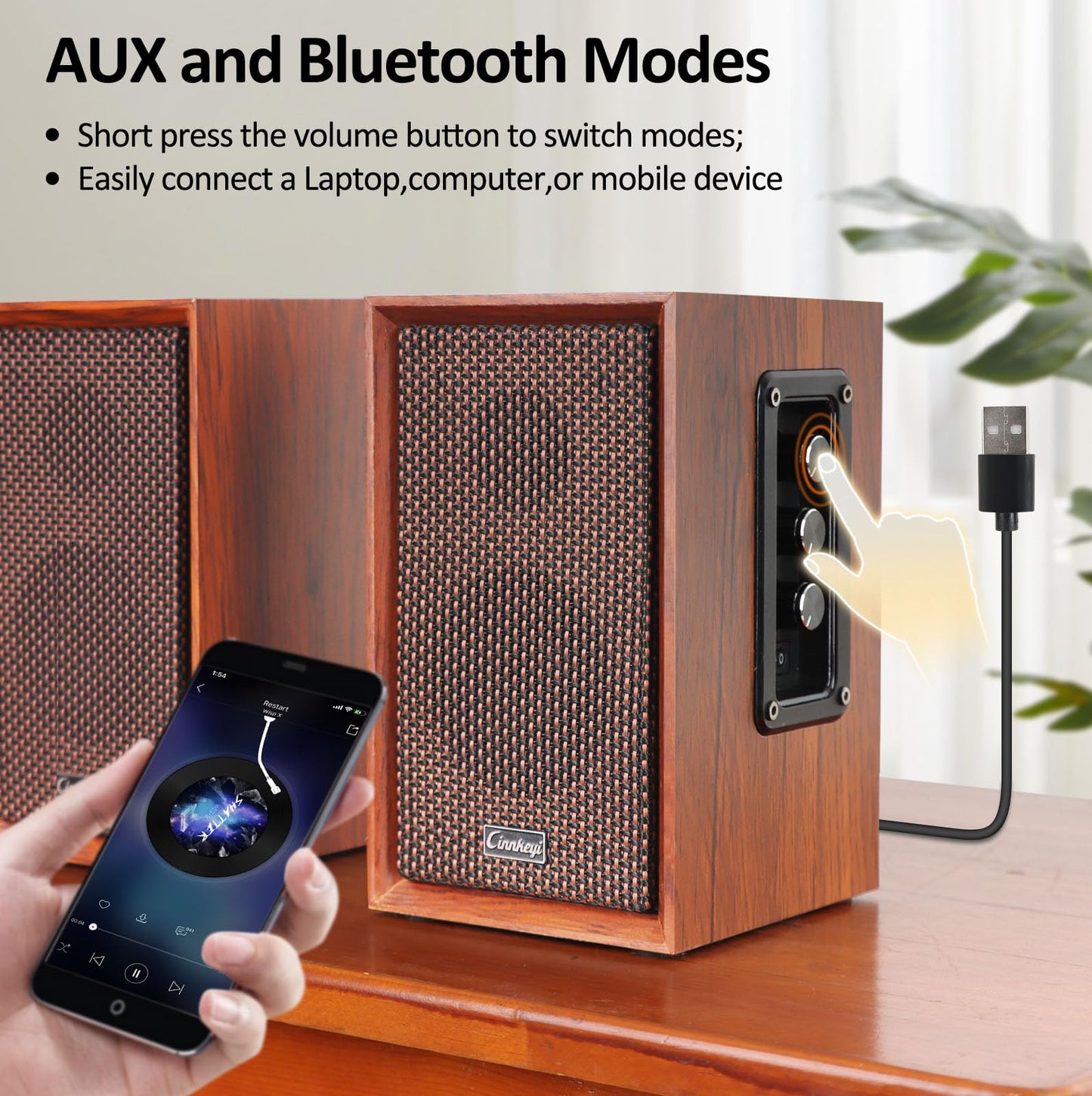 cinnkeyi 2.0 PC-Lautsprecher 40W aus Holz – Kräftiger Bass, Hi-Fi Stereo Sound, USB/Bluetooth, DSP Audio, Desktop Lautsprecher für Laptop & Computer (5201-EU)