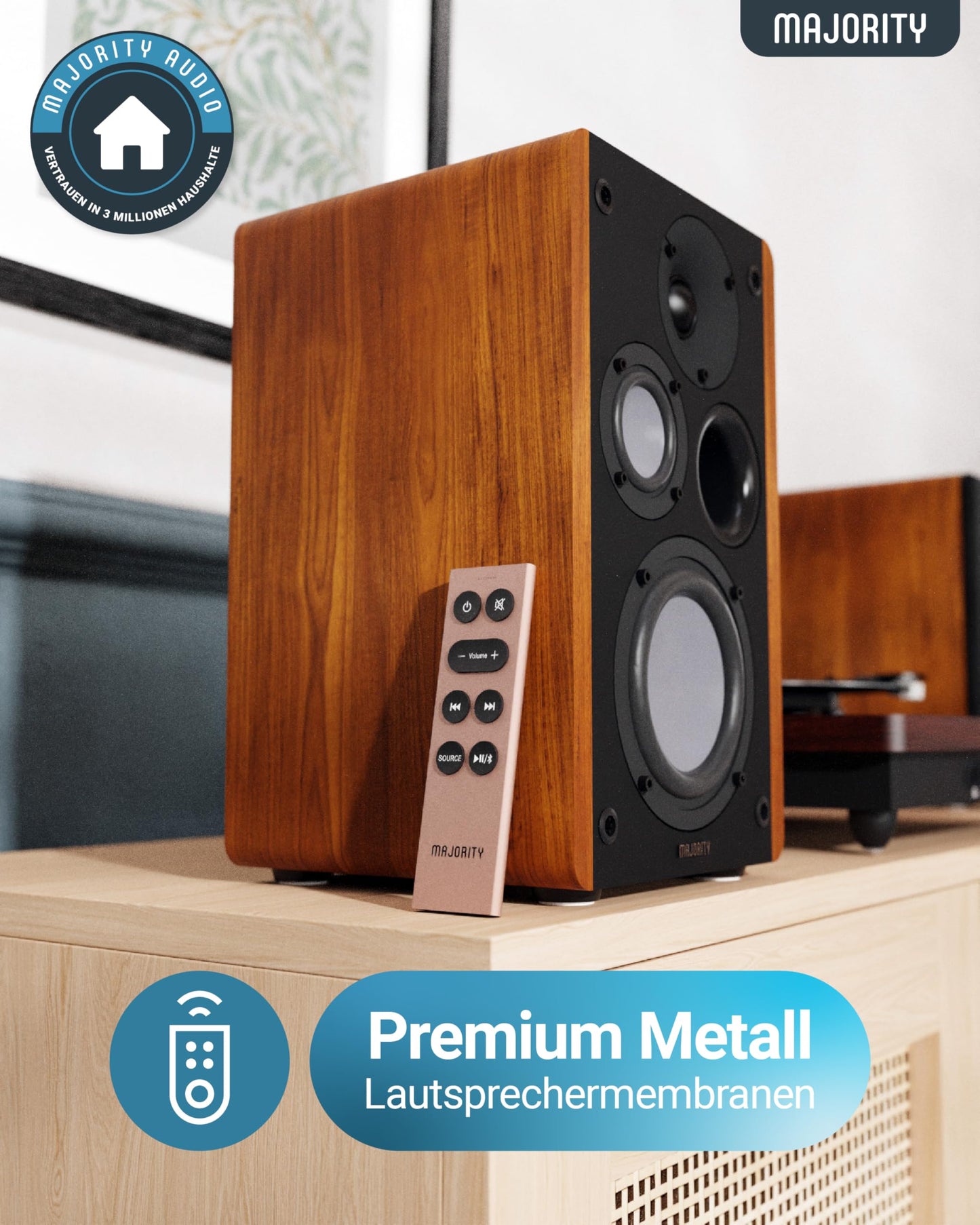MAJORITY D100 Bluetooth Lautsprecher Boxen für Stereoanlage | 100W Regallautsprecher | Xtra BASS Aktivlautsprecher | HDMI ARC Speaker | Premium-Holz Regal-Lautsprecher | Studio HiFi Lautsprecher