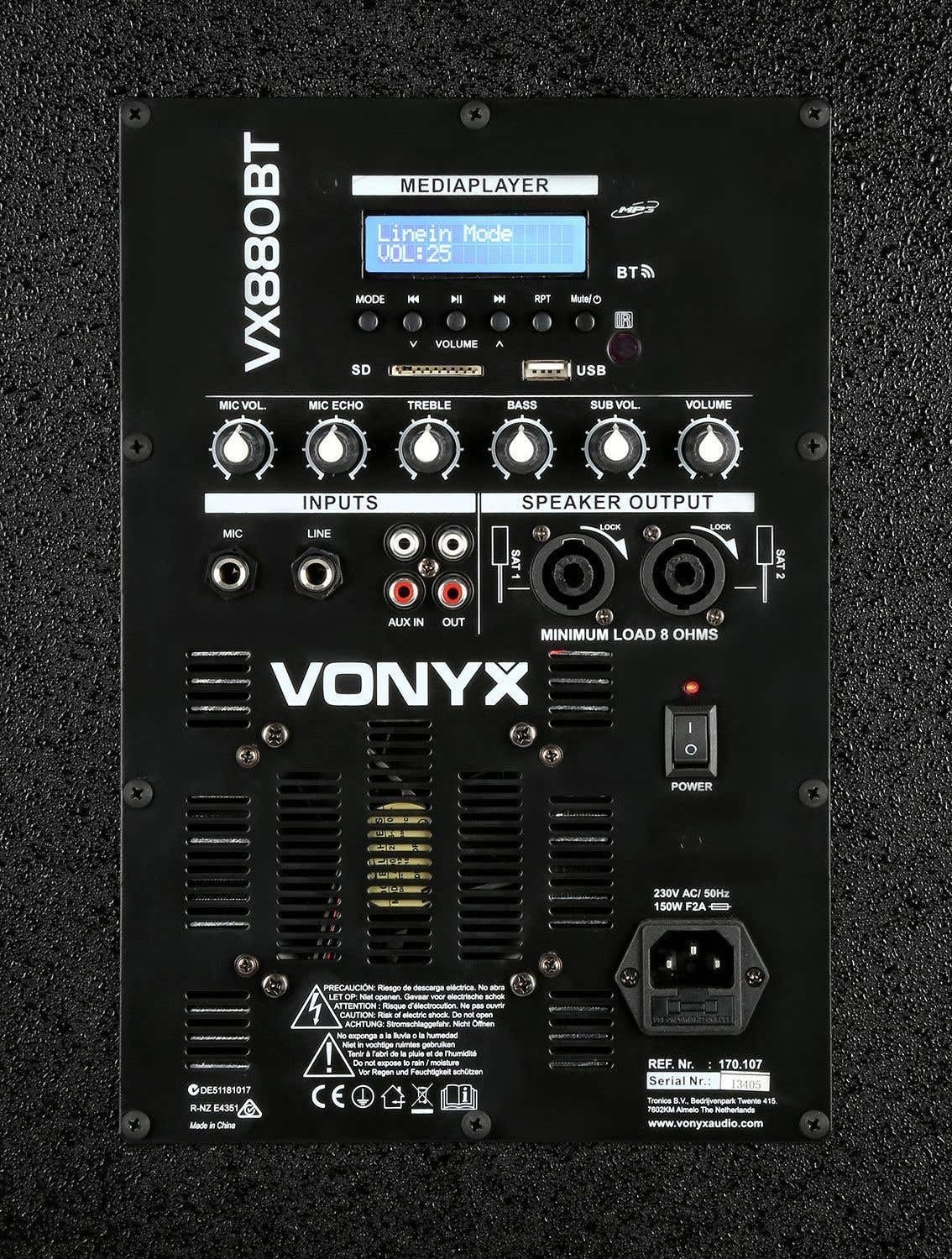 Vonyx VX880BT - Mobile PA Anlage Komplettset 2.1, Aktive Lautsprecher Boxen, 800 Watt DJ Boxen Set mit Stativen, MIC, Bluetooth, USB, SD, MP3 - PA Lautsprecher Aktiv Boxen, Musik Anlage - Schwarz