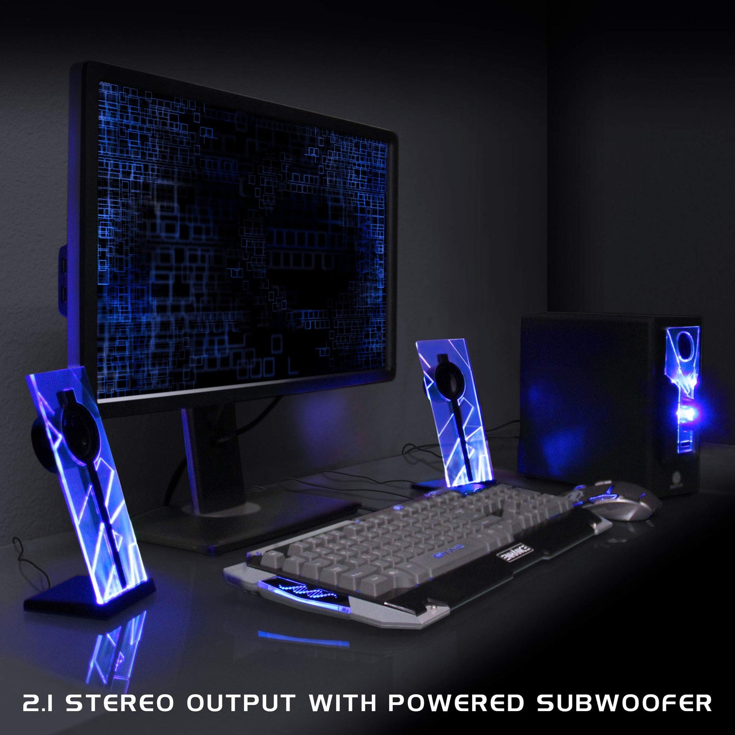 GOgroove 2.1 Soundsystem Computer Lautsprecher PC mit LED Effekt Desktop PC Lautsprecher 2.1 Anlage mit Subwoofer und blauen LED Highlights, Perfekt Geeignet für Stereo Gaming an Ihrem Computer - Blau
