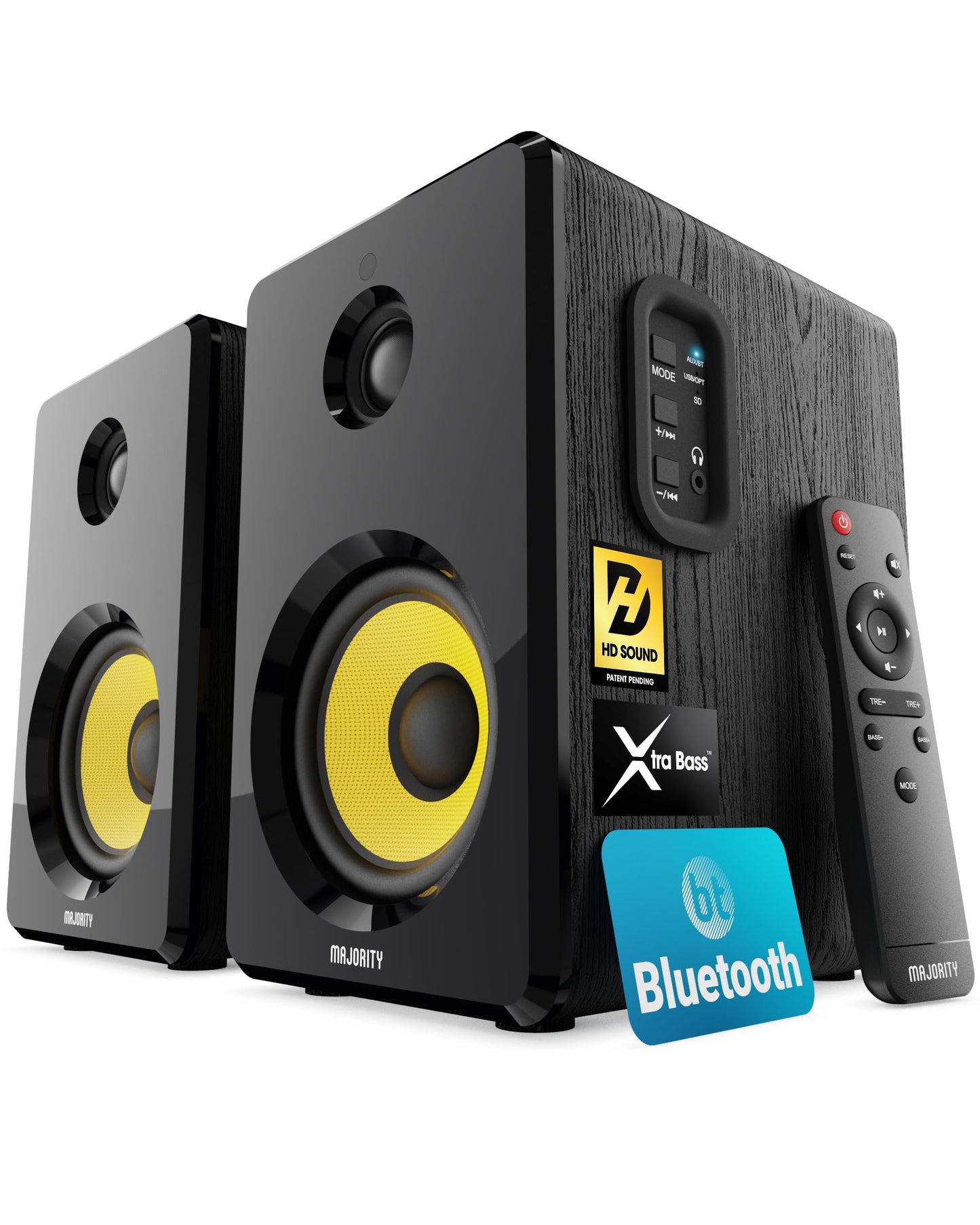 MAJORITY D40X Aktiv Regallautsprecher | 70W 2.0 Gelber Kevlar-Kegel Monitor Lautsprecher | Studio Monitor mit Bluetooth | Bookshelf HiFi Speakers mit Optische, RCA, USB AUX & Inklusive Fernbedienung