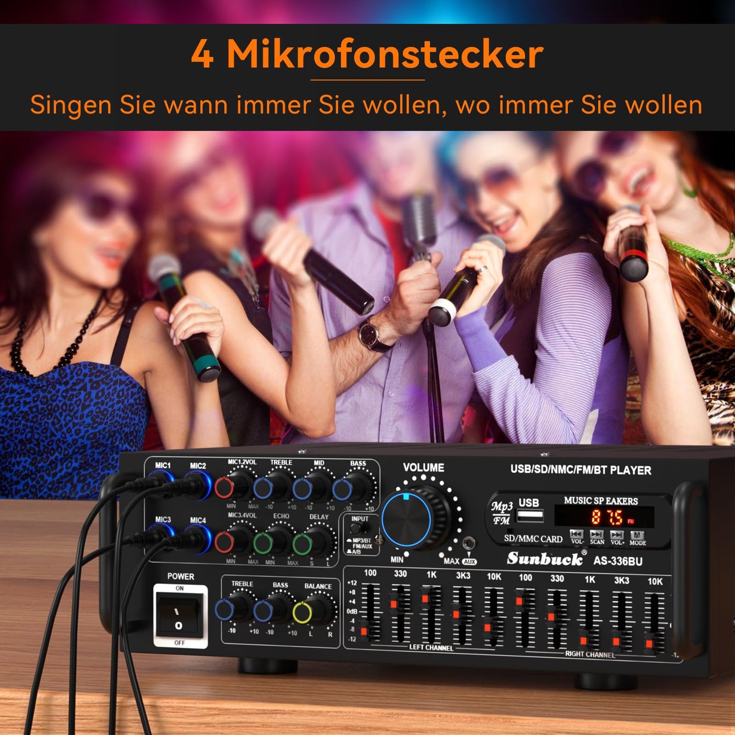 Areyourshop Hifi VerstÀrker Stereo pa endstufe mit Bluetooth 5.0 2000W Audio Receiver Karaoke FM USB SD AUX, VorverstÀrker Hifi 5-Band-EQ-Mixer, 4 Mikr, VerstÀrker mit Boxen, Tuner Hifi Stereo