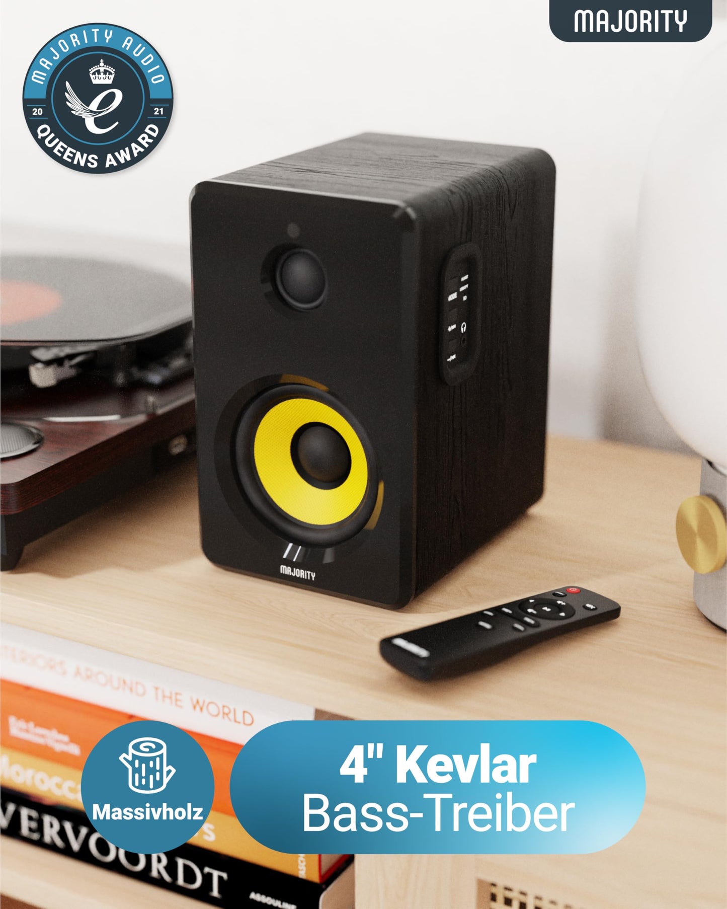 MAJORITY D40X Aktiv Regallautsprecher | 70W 2.0 Gelber Kevlar-Kegel Monitor Lautsprecher | Studio Monitor mit Bluetooth | Bookshelf HiFi Speakers mit Optische, RCA, USB AUX & Inklusive Fernbedienung