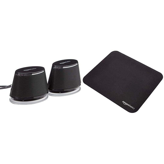 Amazon Basics - PC-Lautsprecher mit dynamischem Sound, USB-Betrieb, Schwarz, 1 Paar & Gaming-Mauspad