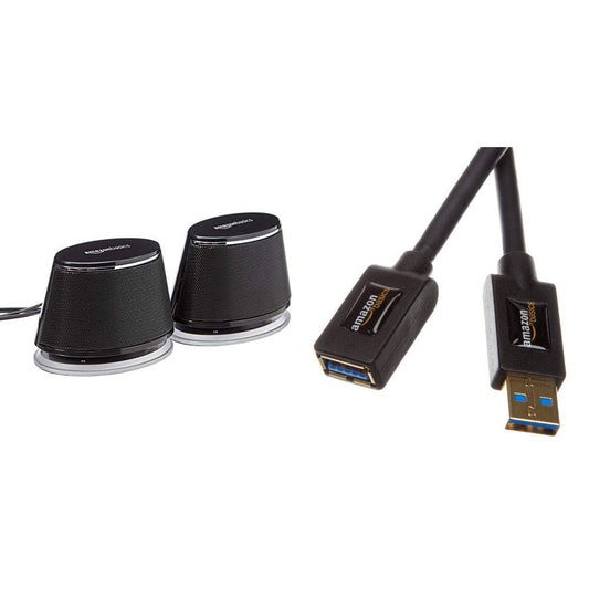 Amazon Basics - PC-Lautsprecher mit dynamischem Sound, USB-Betrieb, Schwarz, 1 Paar & USB 3.0-Verlängerungskabel (A-Stecker auf A-Buchse) 3 m (Abwärtskompatibilität zu USB 2.0 und 1.1)
