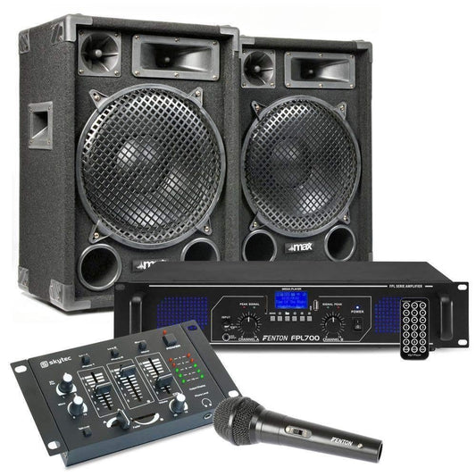 MAX12 DJ Komplettset PA Anlage - 1400 W, 2X 12″ Lautsprecher inkl. Verstärker, Mischpult & Mikrofon, MP3 USB/SD Player, AUX & Phono-Eingänge – Mobile Musikanlage für Party, Events & Karaoke Anlage