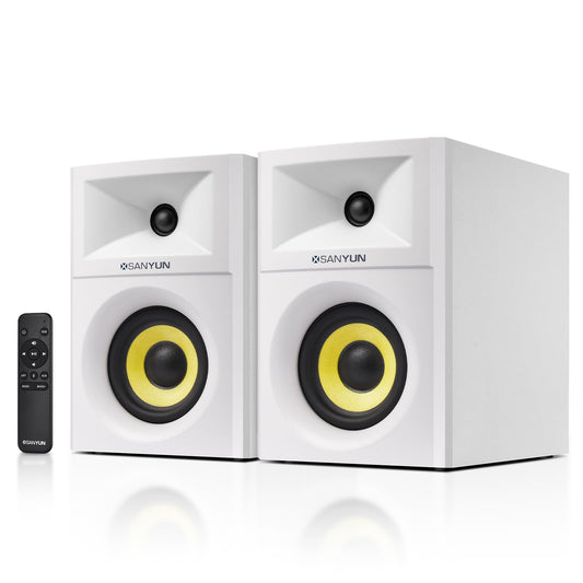 Sanyun SW205 80W 4” Aktive Bücherregal-Lautsprecher mit Holzgehäuse Innovative Außendesigns und fortschrittliche DSP-Chips – Optischer 3,5mm-Aux Bluetooth-5.4-Eingang – Fernbedienung (Paar, Weiß)