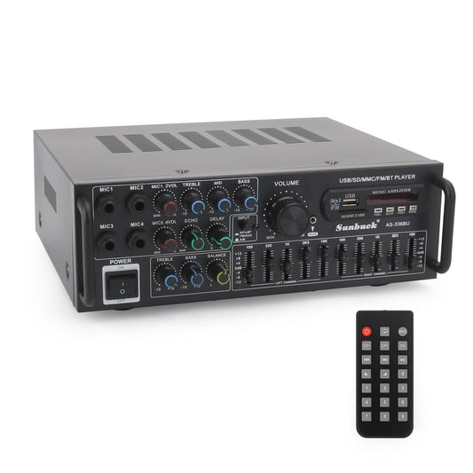 Areyourshop Hifi Verstärker Stereo pa endstufe mit Bluetooth 5.0 2000W Audio Receiver Karaoke FM USB SD AUX, Vorverstärker Hifi 5-Band-EQ-Mixer, 4 Mikr, Verstärker mit Boxen, Tuner Hifi Stereo