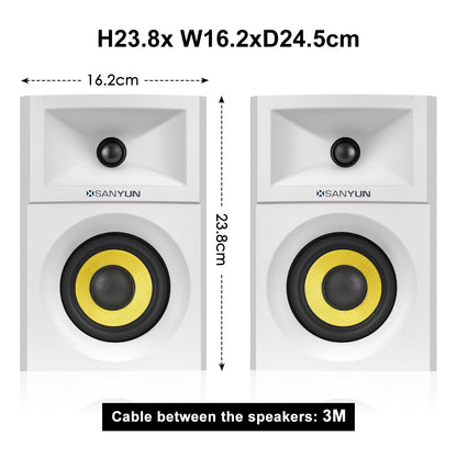 Sanyun SW205 80W 4” Aktive Bücherregal-Lautsprecher mit Holzgehäuse Innovative Außendesigns und fortschrittliche DSP-Chips – Optischer 3,5mm-Aux Bluetooth-5.4-Eingang – Fernbedienung (Paar, Weiß)