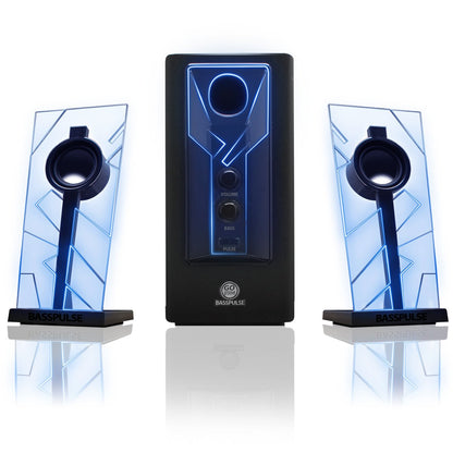 GOgroove 2.1 Soundsystem Computer Lautsprecher PC mit LED Effekt Desktop PC Lautsprecher 2.1 Anlage mit Subwoofer und blauen LED Highlights, Perfekt Geeignet für Stereo Gaming an Ihrem Computer - Blau