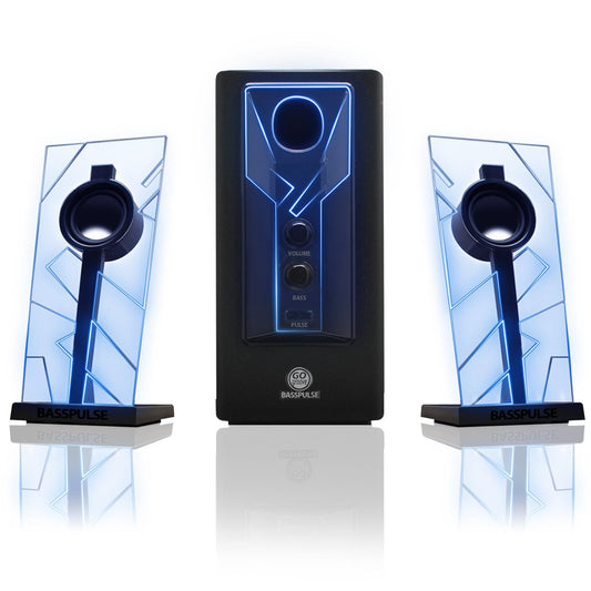 GOgroove 2.1 Soundsystem Computer Lautsprecher PC mit LED Effekt Desktop PC Lautsprecher 2.1 Anlage mit Subwoofer und blauen LED Highlights, Perfekt Geeignet für Stereo Gaming an Ihrem Computer - Blau