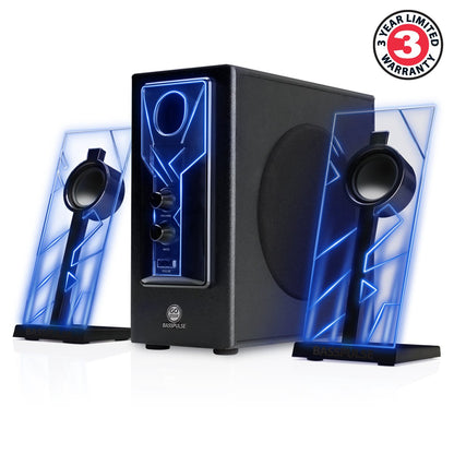 GOgroove 2.1 Soundsystem Computer Lautsprecher PC mit LED Effekt Desktop PC Lautsprecher 2.1 Anlage mit Subwoofer und blauen LED Highlights, Perfekt Geeignet für Stereo Gaming an Ihrem Computer - Blau