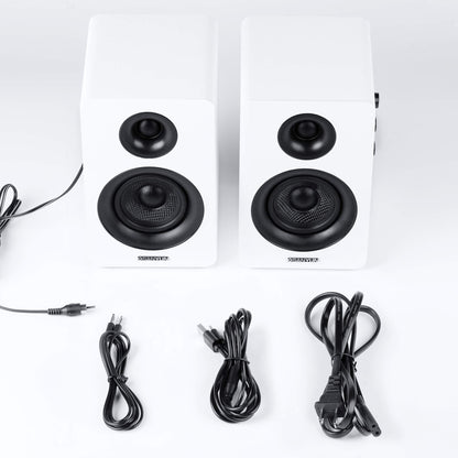 Sanyun SW208 3" Aktive Bluetooth 5.0 Regallautsprecher - 60W-Kohlefaser-Lautsprechereinheit - eingebauter 24-Bit-DAC - dynamischer 3D-Surroundsound – 2.0 Computer-PC-Monitor (Paar, weiß)