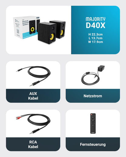 MAJORITY D40X Aktiv Regallautsprecher | 70W 2.0 Gelber Kevlar-Kegel Monitor Lautsprecher | Studio Monitor mit Bluetooth | Bookshelf HiFi Speakers mit Optische, RCA, USB AUX & Inklusive Fernbedienung