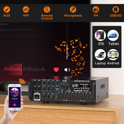 Areyourshop Hifi Verstärker Stereo pa endstufe mit Bluetooth 5.0 2000W Audio Receiver Karaoke FM USB SD AUX, Vorverstärker Hifi 5-Band-EQ-Mixer, 4 Mikr, Verstärker mit Boxen, Tuner Hifi Stereo